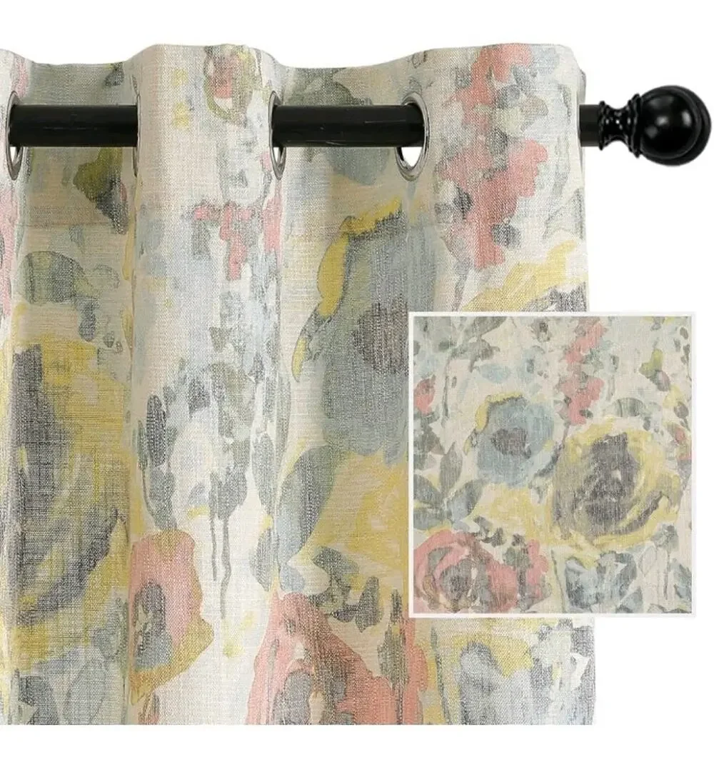 Linen Look Window Curtains for Light Filtering Floral 90 Inch Long